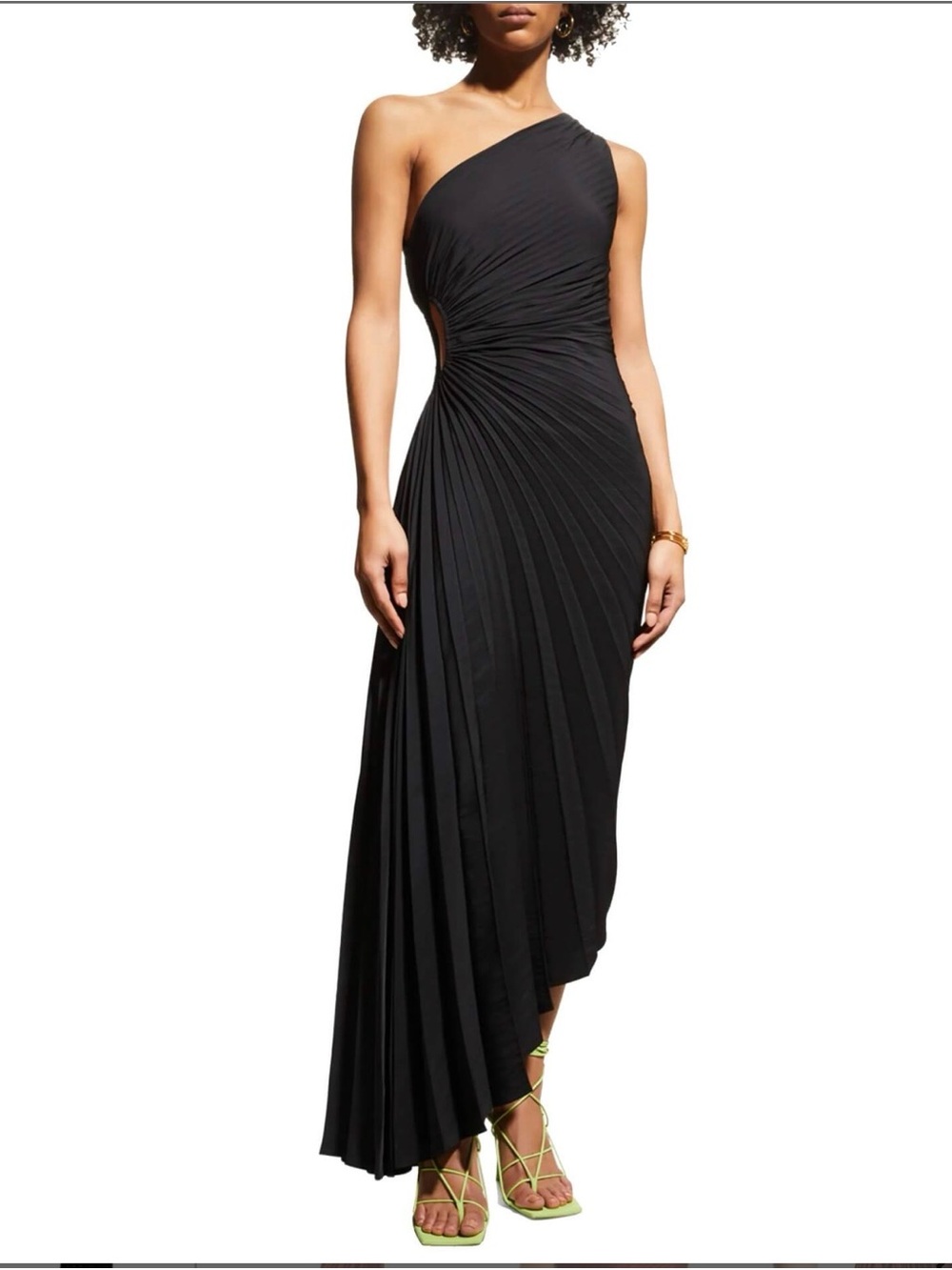 AKIRA Black Pleated One Shoulder Cutout Asymmetrical Midi Formal Evening Dress